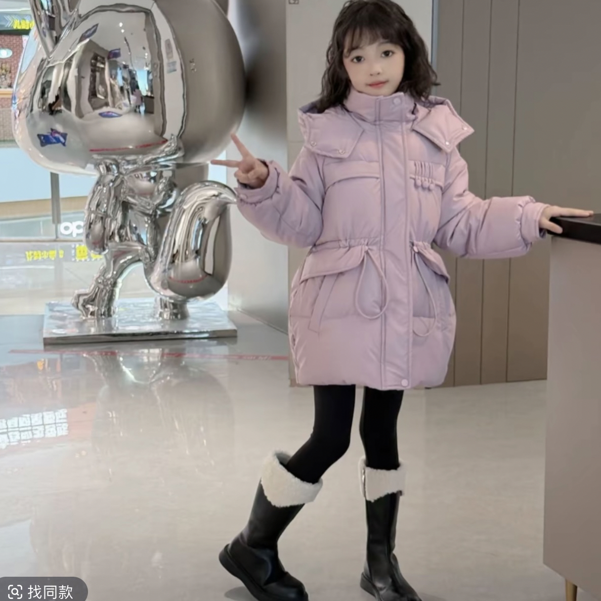 立领纯色连帽厚款中长款棉服棉袄冬款女童加厚