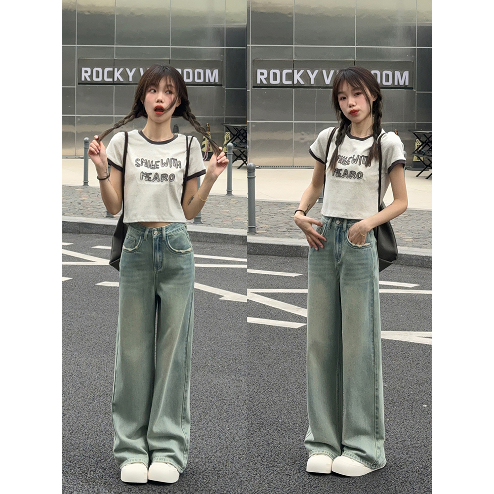 复古蓝宽松显瘦牛仔阔腿裤高腰直筒时尚休闲百搭薄款设计感8985