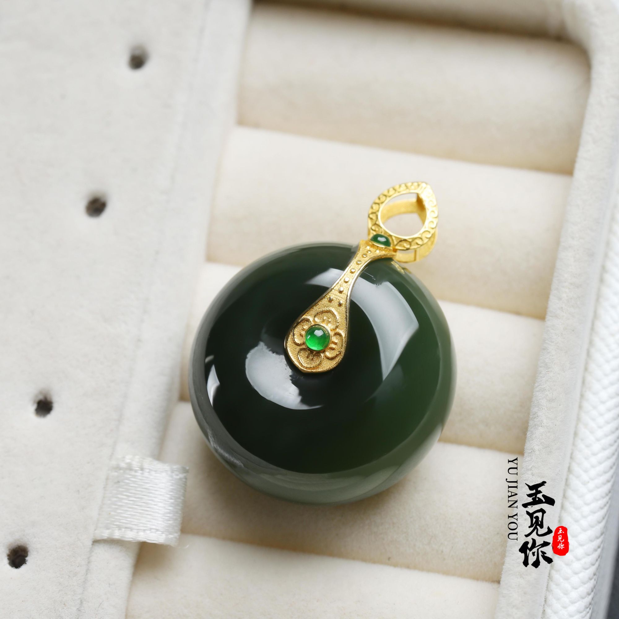 棋魂-沁 和田玉碧玉*平安扣*面包扣吊坠*18K金镶嵌