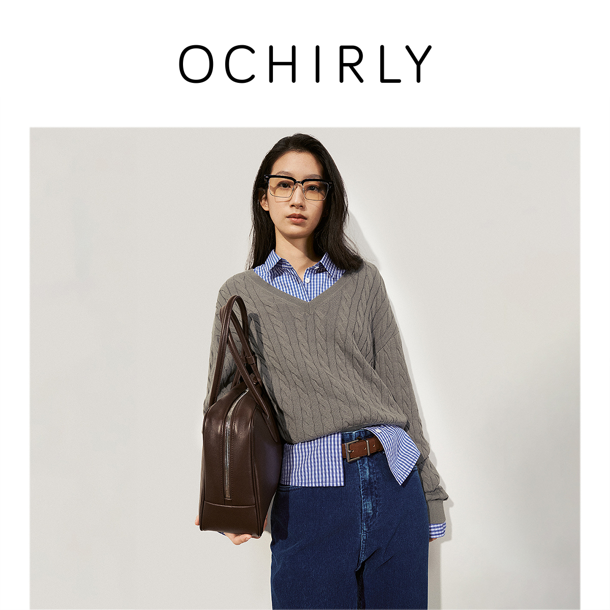 #OCHIRLY欧时力新疆棉针织衫女上衣V领学院风25春商场同款