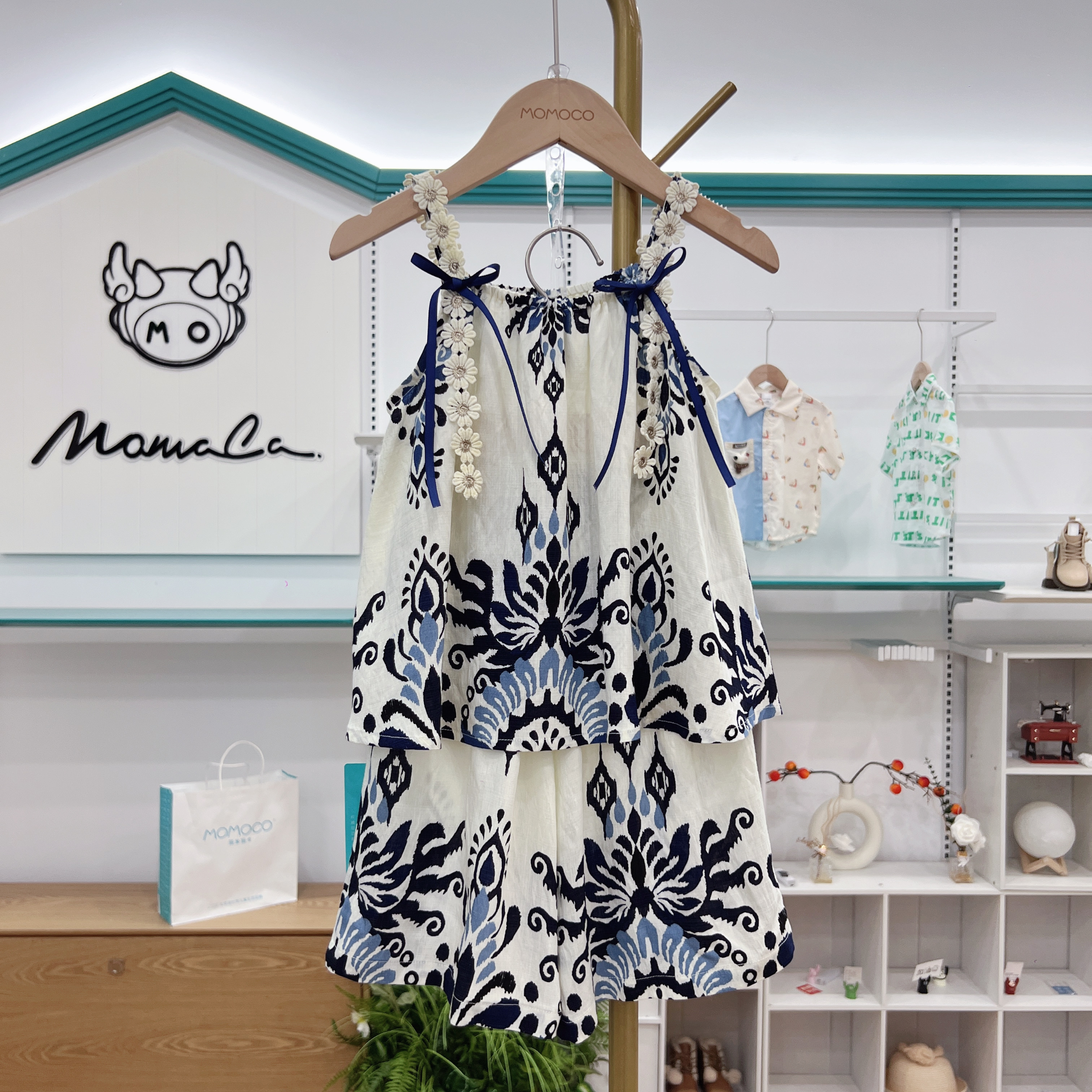 MOMOCO女童夏季时尚休闲设计师花边吊带碎花两件套77630578113