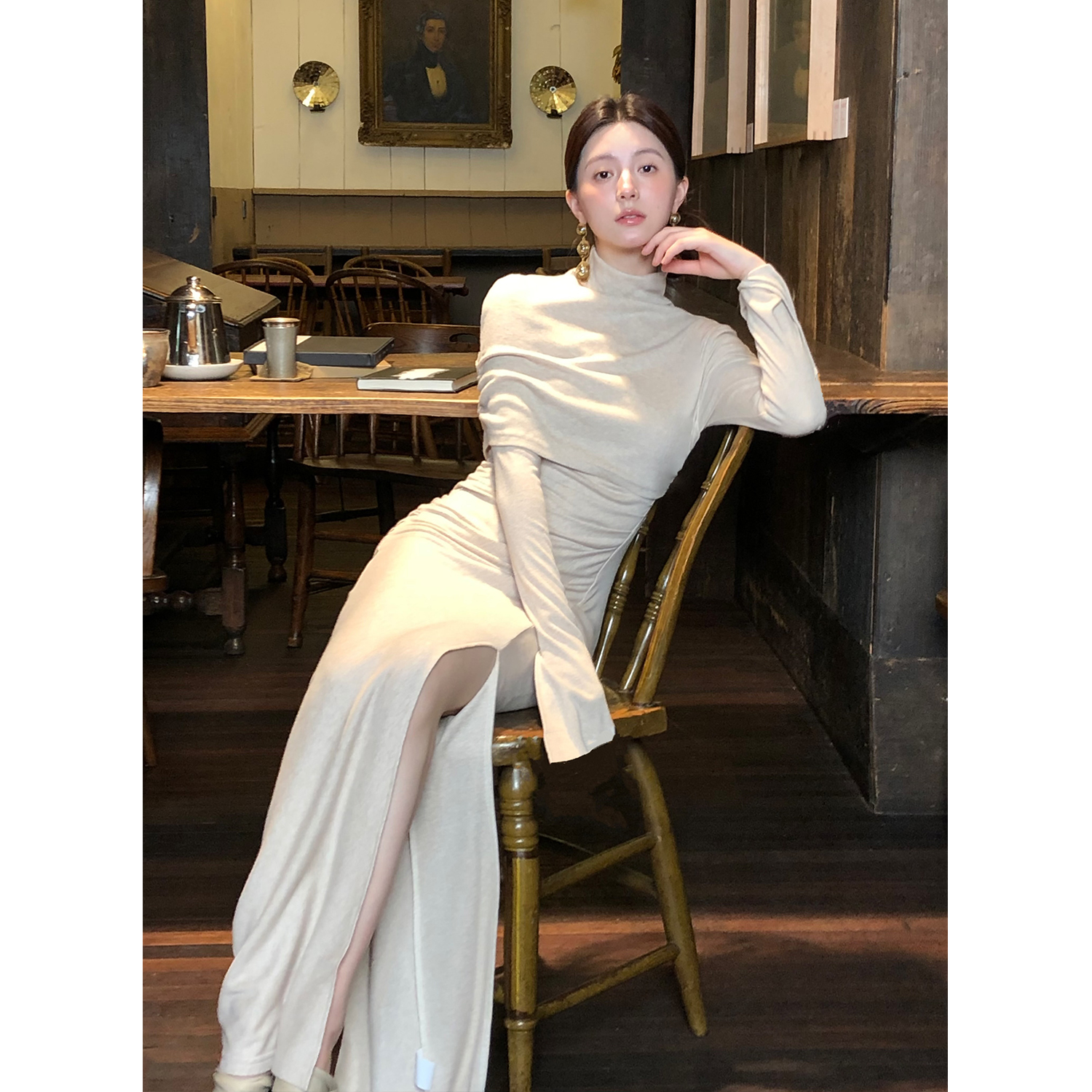 从一时刻 高级针织长袖连衣裙半高领假两件鱼尾开叉长裙CY-S25279