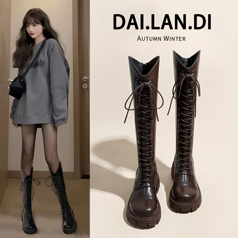 棕色长筒靴女2024秋冬新款V口长靴粗腿显瘦马丁靴厚底高筒骑士靴