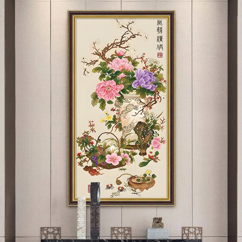 经典国画岁朝清供图十字绣2022新款线绣客厅玄关牡丹花开富贵满绣