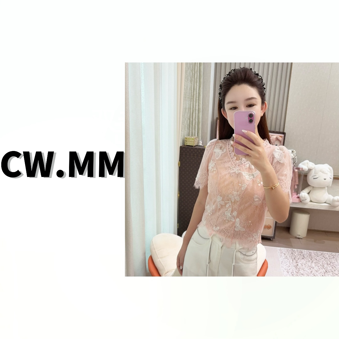 CW.MM ~重工高级感v领蝴蝶绣花蕾丝洋气上衣