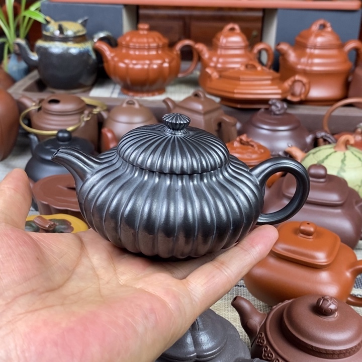 紫砂茶壶筋纹合欢200cc原矿老紫泥捂灰工艺