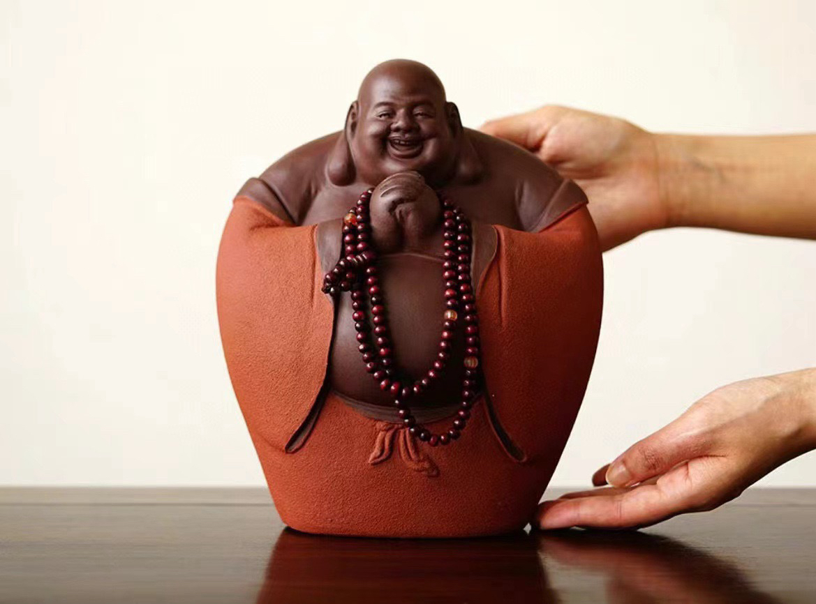 宜兴紫砂弥勒佛茶宠摆件手工雕塑大肚弥勒送礼佳品办公室茶桌装饰