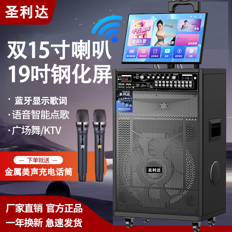 圣利达【原价】双15寸户外K歌音响超大功率卡拉OKTV一体机拉杆音响