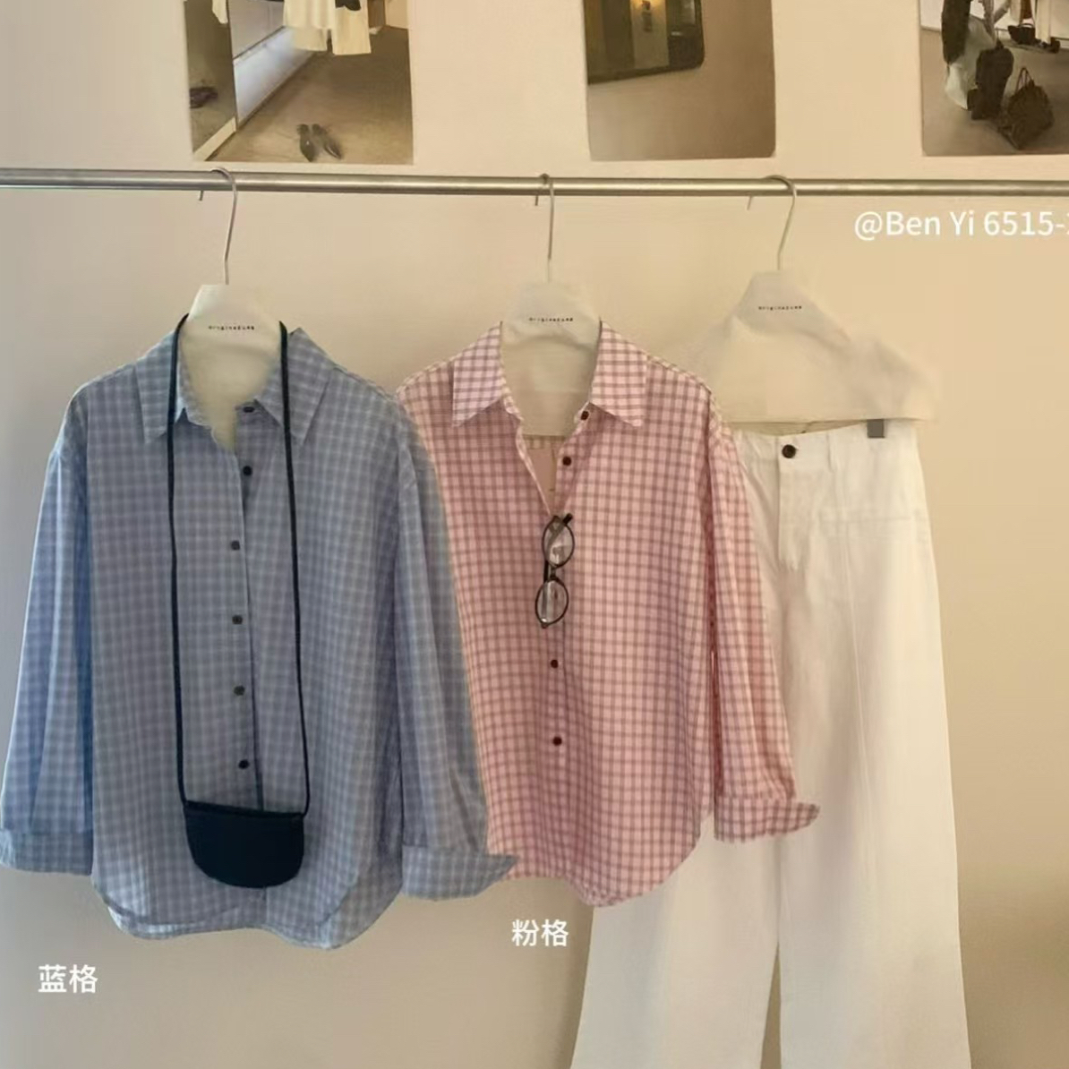 复古蓝色格子衬衫女宽松显瘦长袖休闲百搭秋季开衫上衣