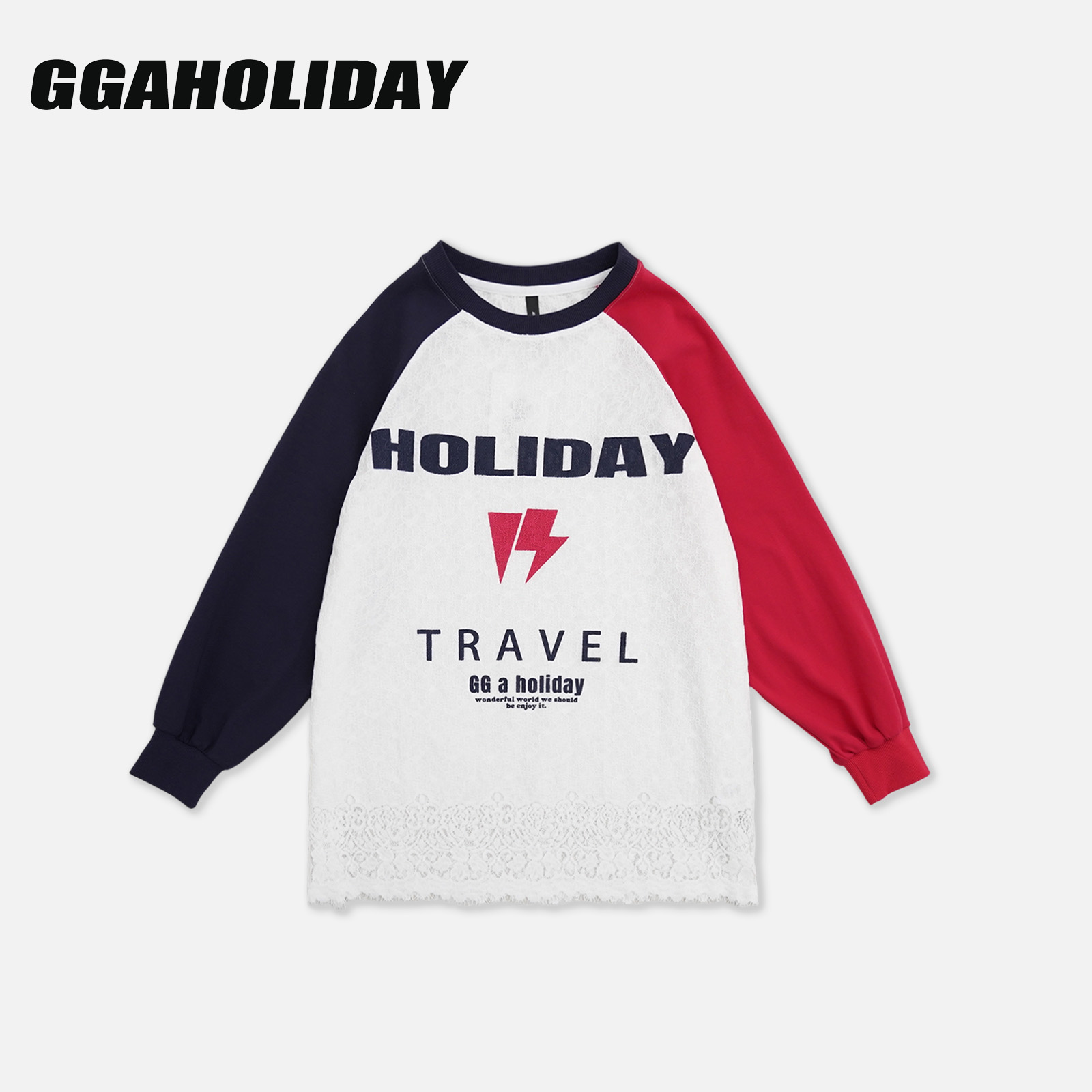 GGAHOLIDAY秋季复古时尚休闲蕾丝拼接撞色百搭显瘦长袖T恤-153030