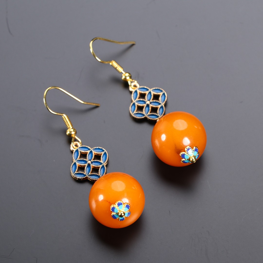 《博古文物》-蜜蜡-圆珠耳坠-Xx-250114