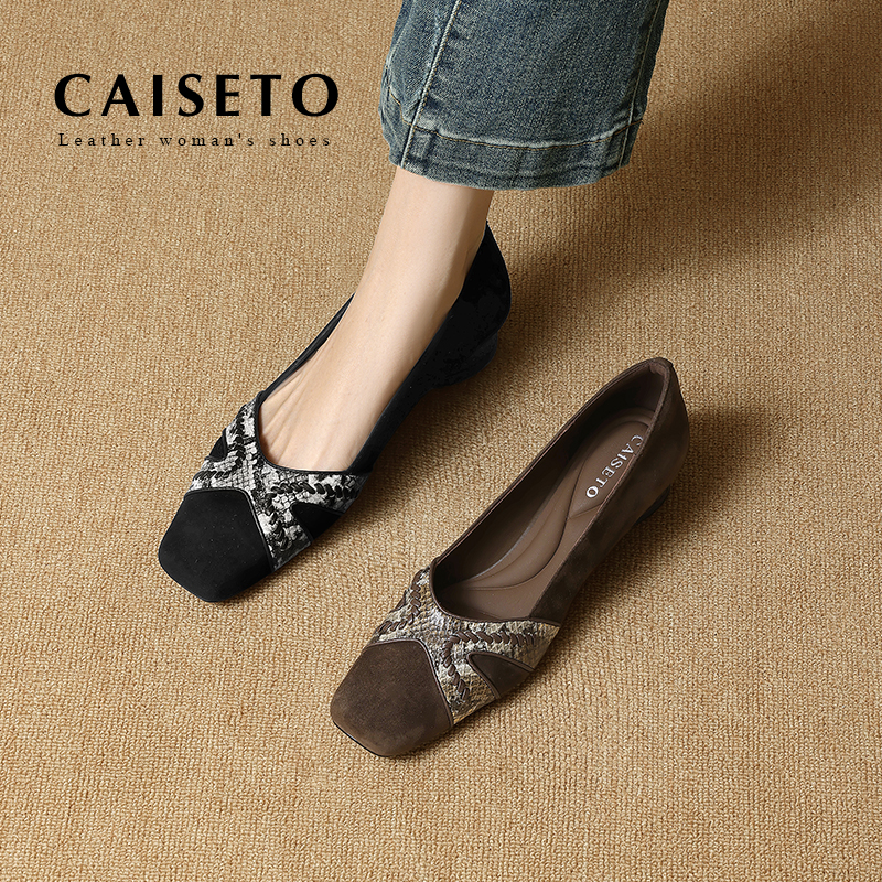 【黑色】羊皮/3.5cm时尚百搭低跟方头真皮单鞋软皮舒适平底鞋5D747