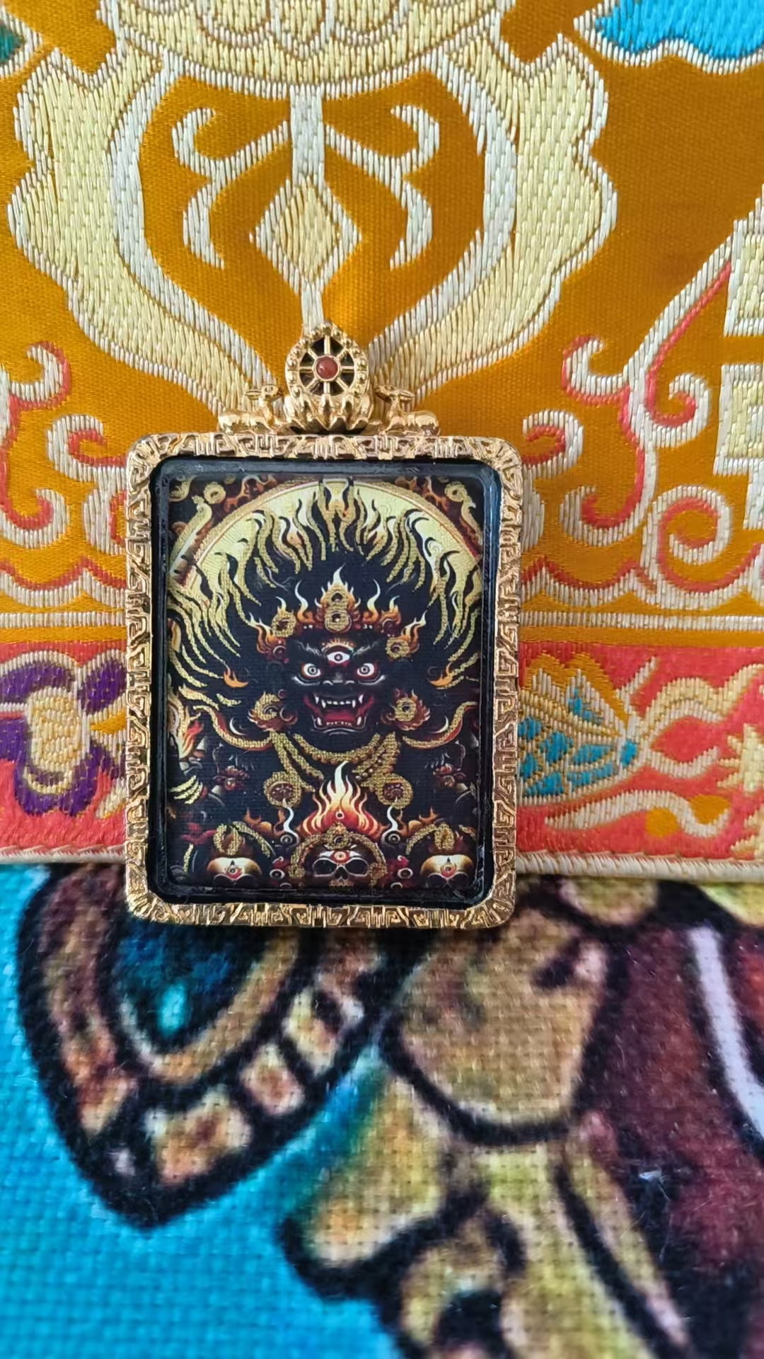 吊坠925银皮 大黑天黄边招财唐卡项链复古吊坠