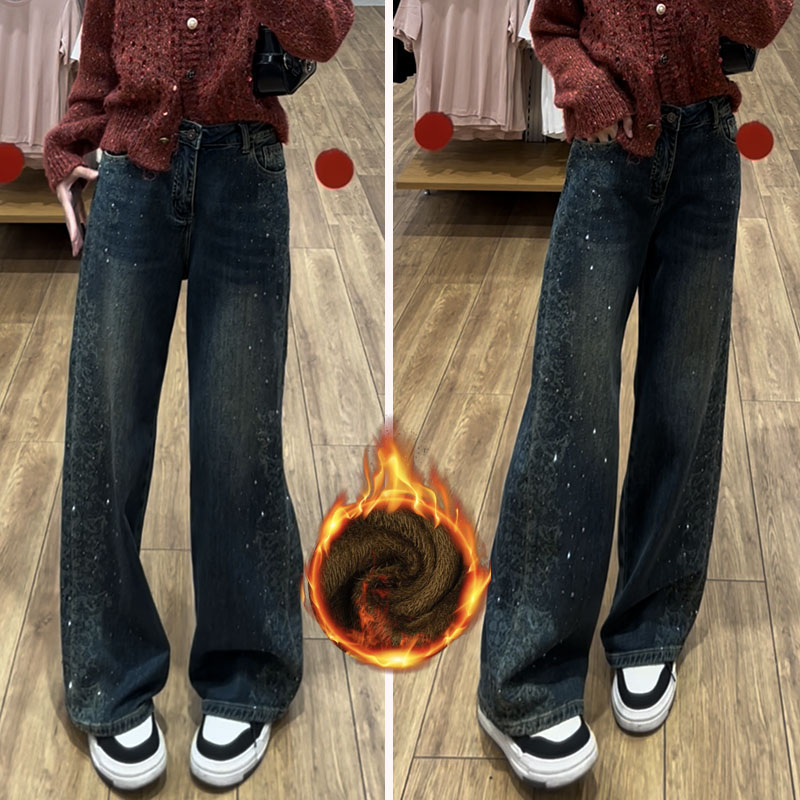激光烧花烫钻牛仔裤女秋冬加绒欧美时尚弹力显瘦显高窄版直筒裤子