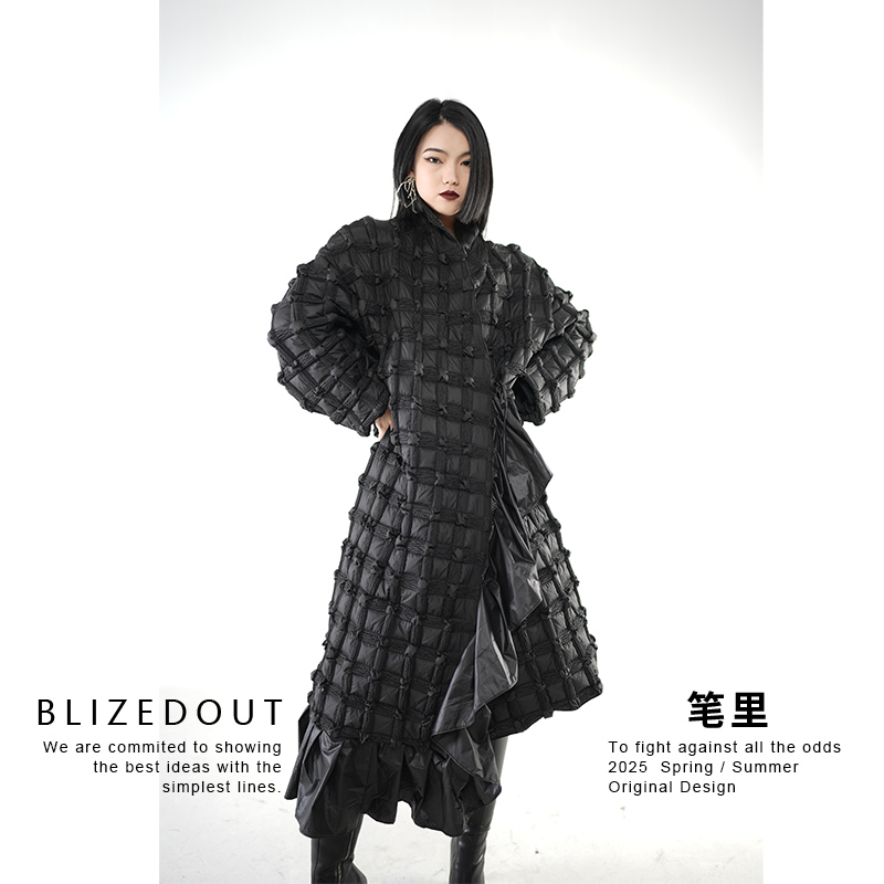 笔里【BLIZEDOUT】原创设计黑色编织格长款秋冬夹棉棉衣外套5112904