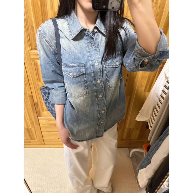 高级感经典复古水洗蓝牛仔衬衫秋冬叠穿宽松加绒加厚长袖衬衣外套