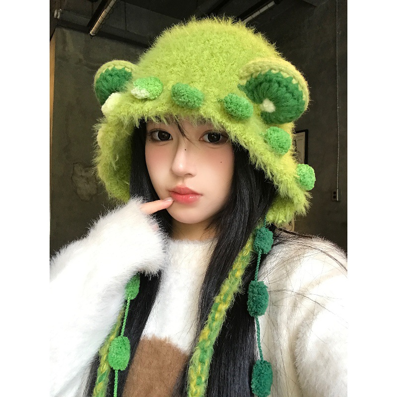 可爱搞怪绿色小熊耳朵辫子针织帽女秋冬季保暖显脸小加厚护耳帽子
