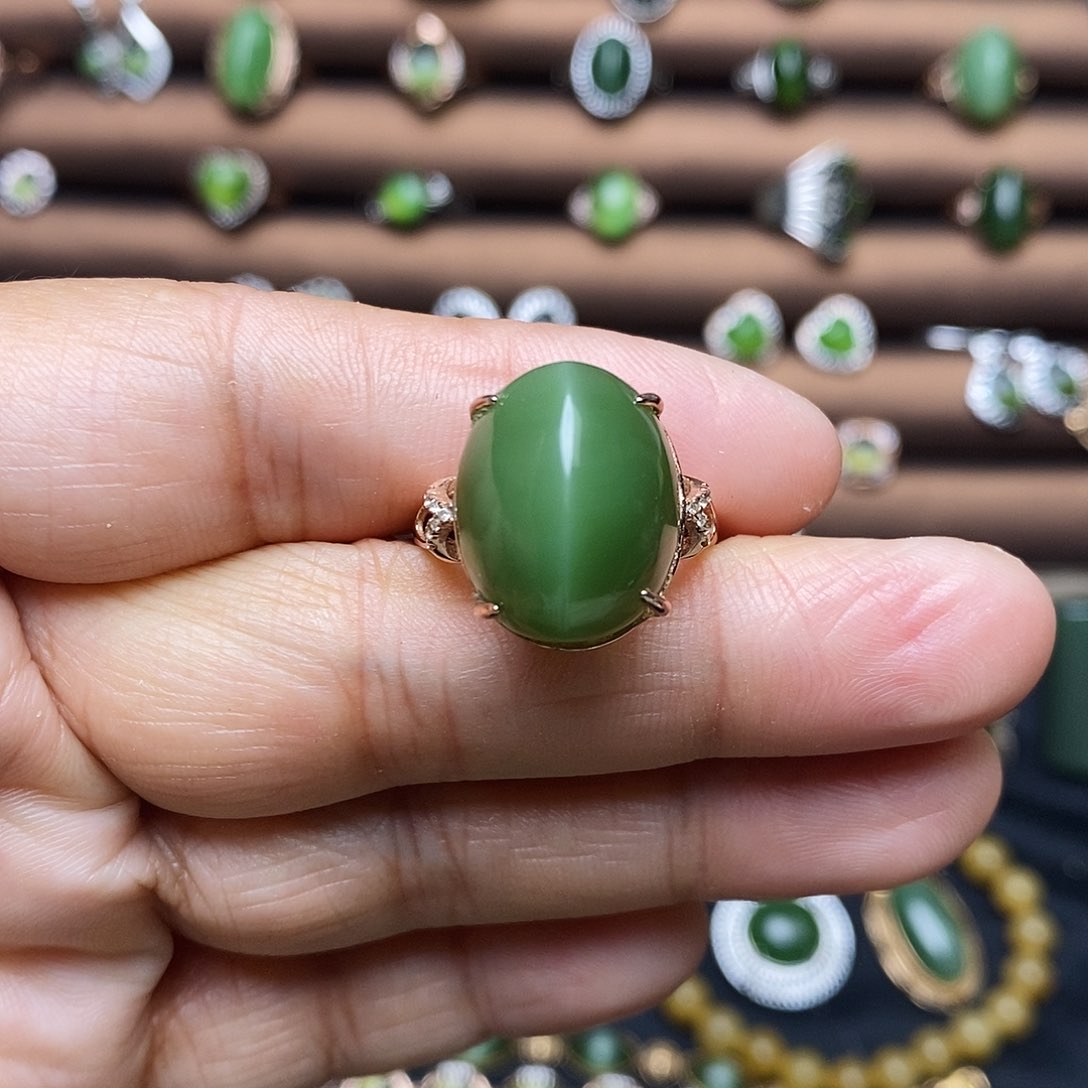 吊坠(不含链)银S925镶嵌和田玉（碧玉）戒指