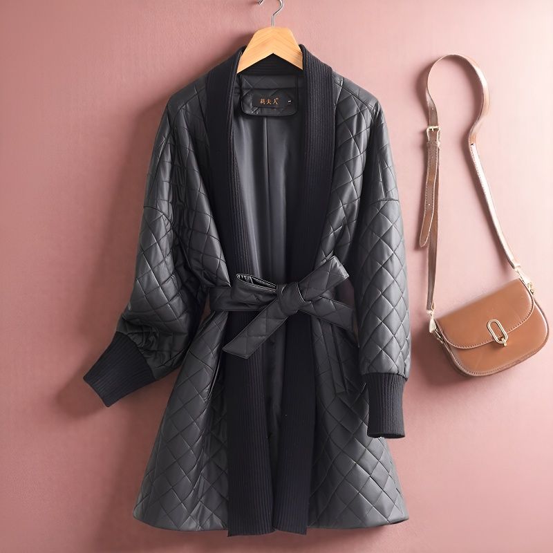 2025秋冬新款真皮皮衣女中长款系带皮风衣宽松开衫皮夹克收腰外套