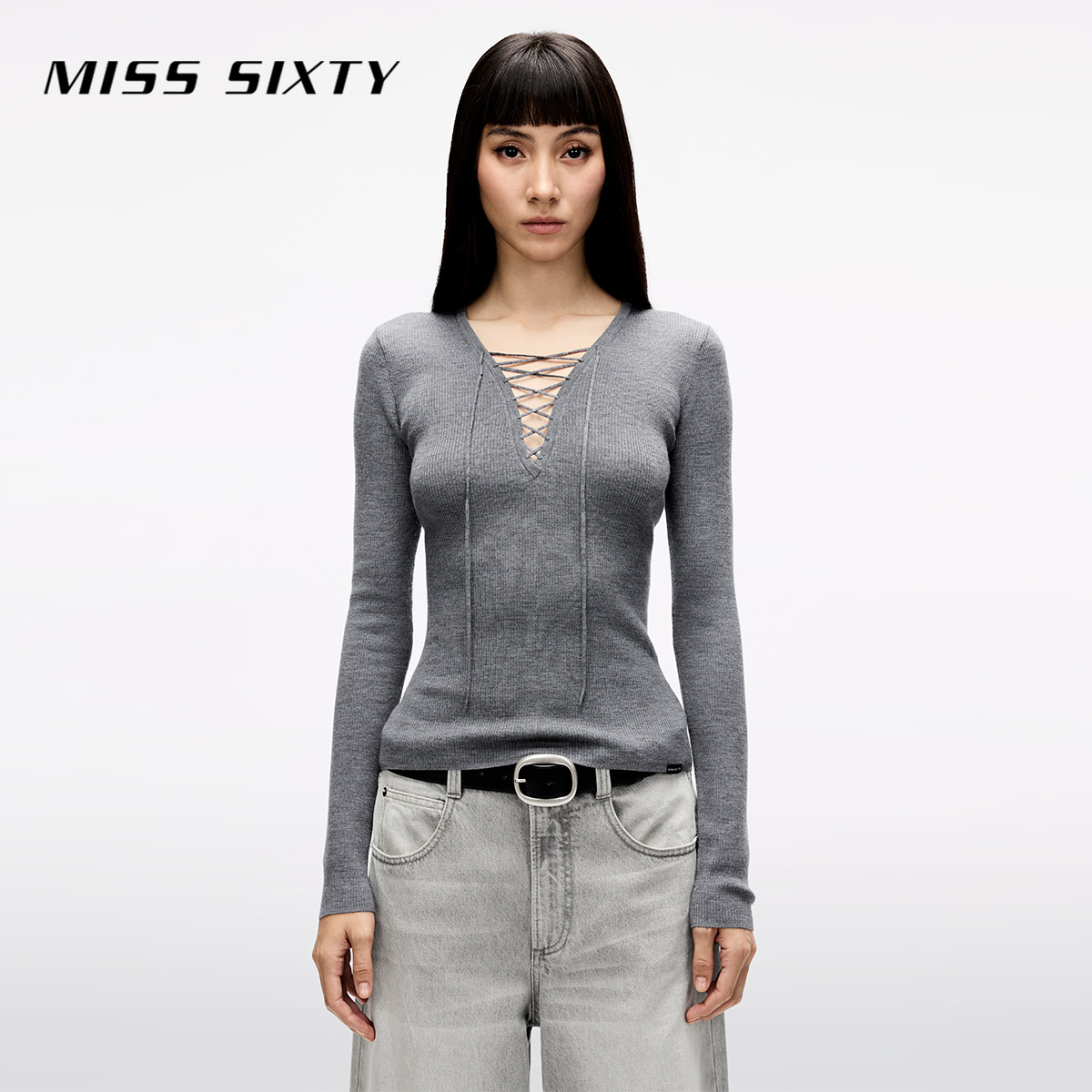 【贤哥专属】Miss Sixty2025春季新款针织衫V领系带气质MS160