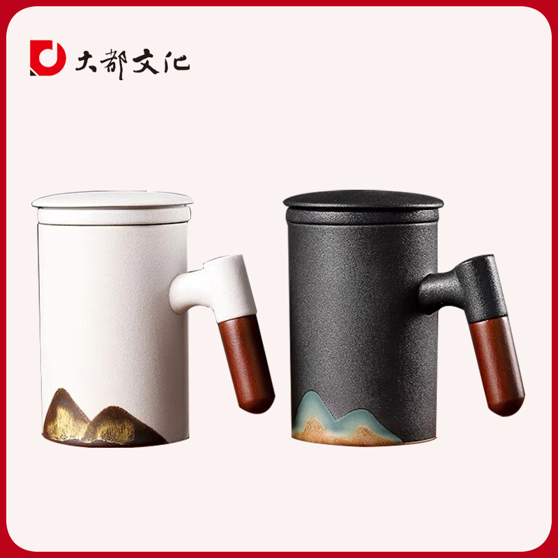远山木柄陶瓷茶杯茶水分离杯个人专用高档泡茶杯带盖过滤定制