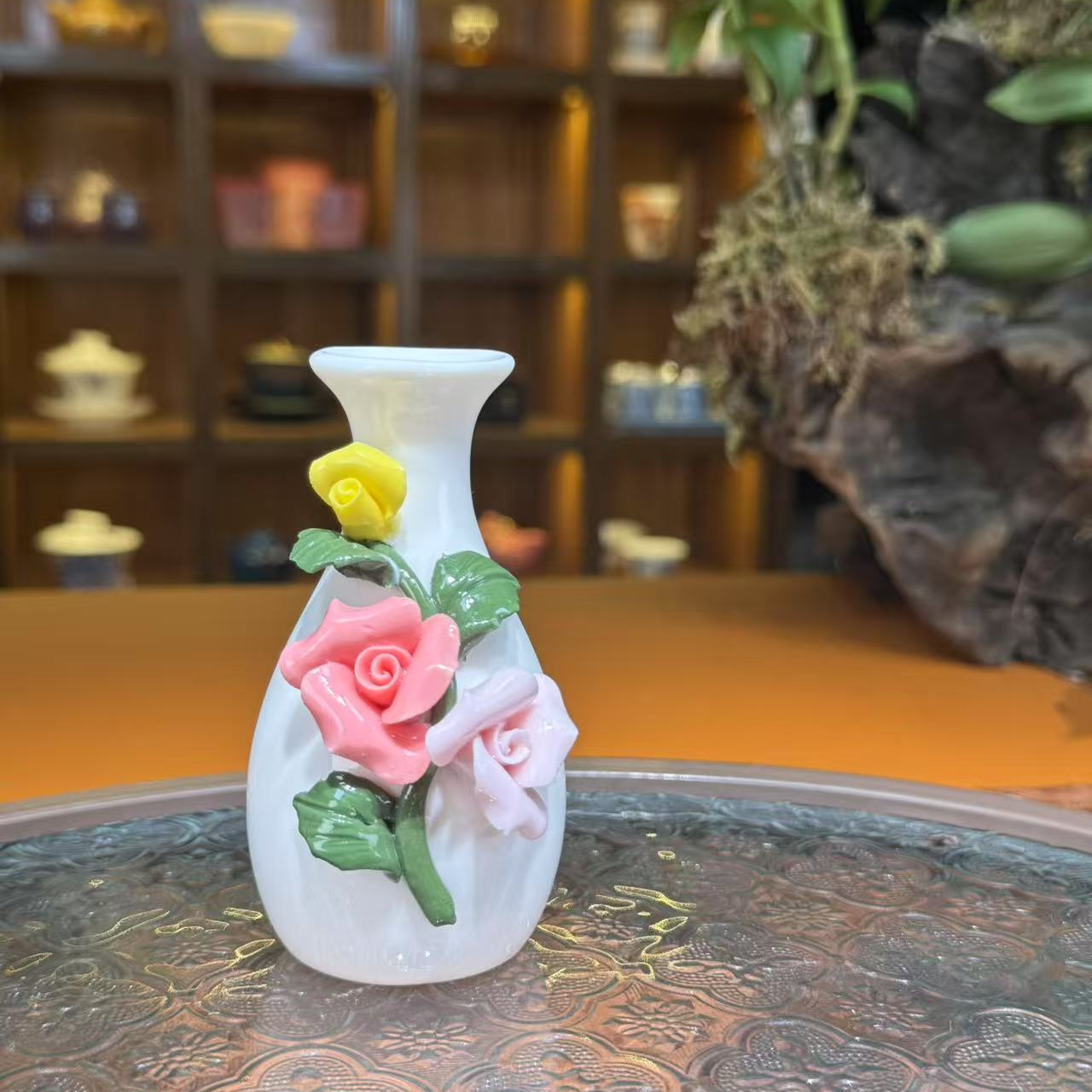 【瓷里】羊脂玉瓷手工捏花小花瓶D006