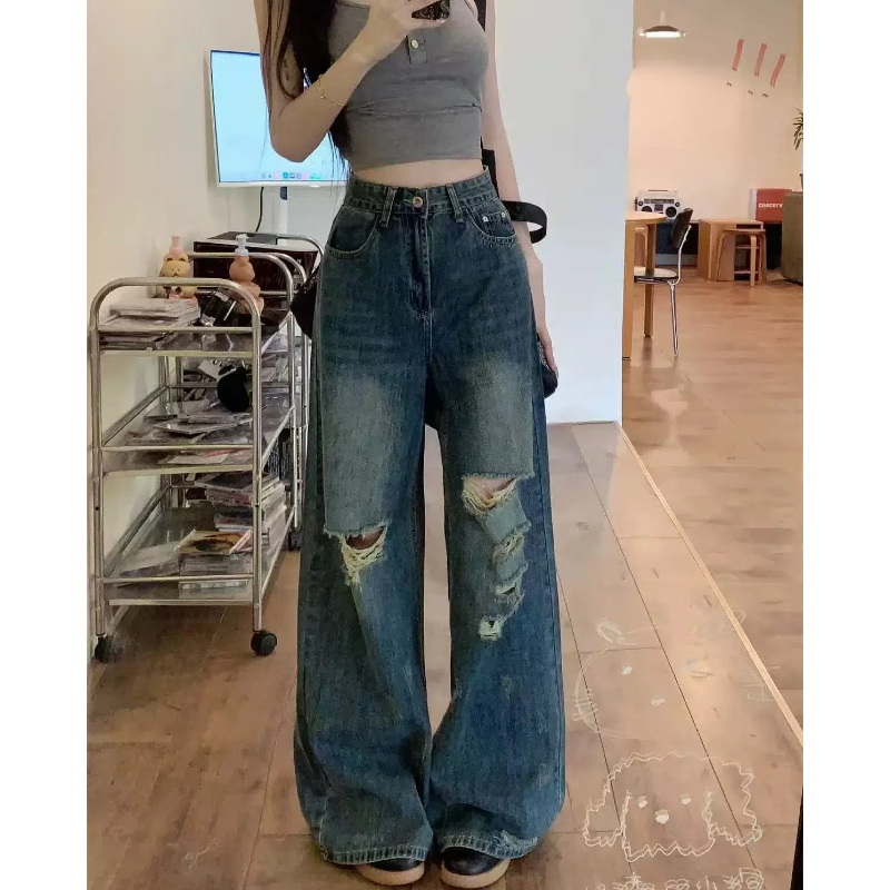 （运费险+现货）设计感破洞裤辣妹牛仔裤女高腰宽松垂感美式长裤子