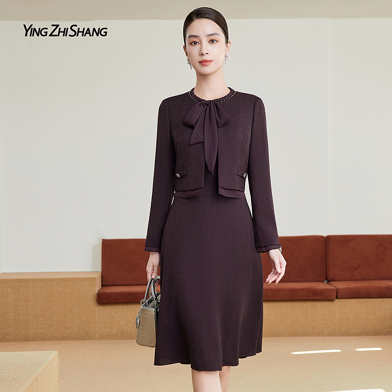 赢智尚无花果色小香风假两件连衣裙雪纺拼接飘带领口钉珠ZF04040