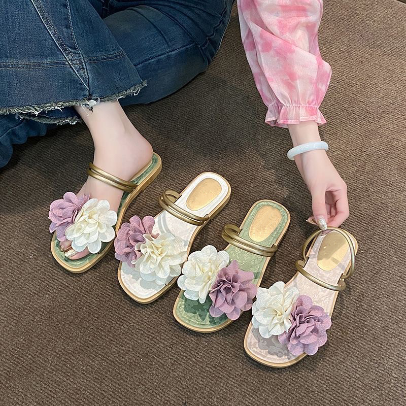 【几乐】2025新款双色花外穿夏季时尚百搭网红女一字拖鞋