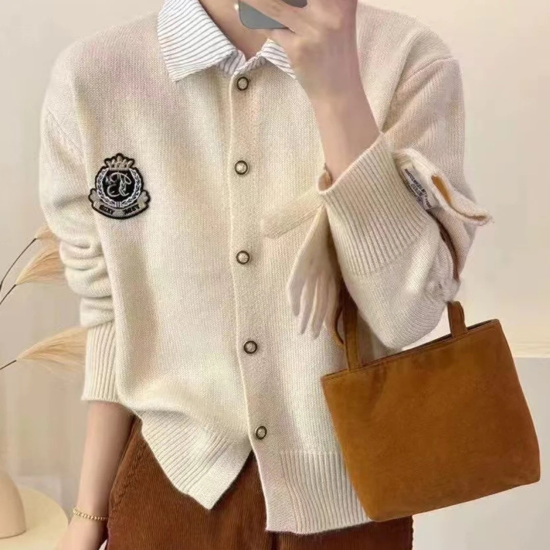 学院风条纹衬衫领假两件针织开衫女春秋宽松长袖毛衣外套上衣