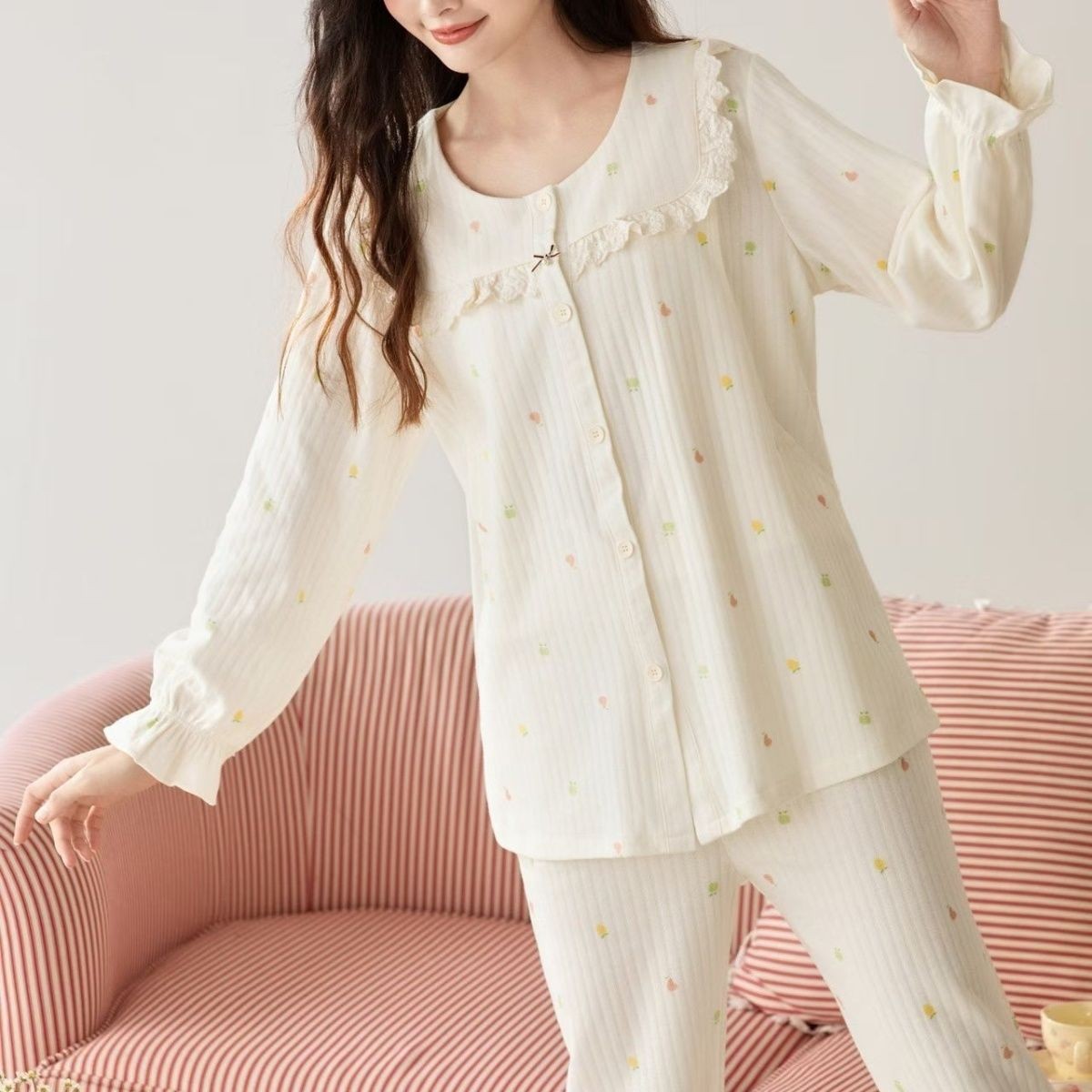澳仙兰7A抗菌新品孕妇睡衣春秋大码圆领哺乳衣家居服加厚全棉提花
