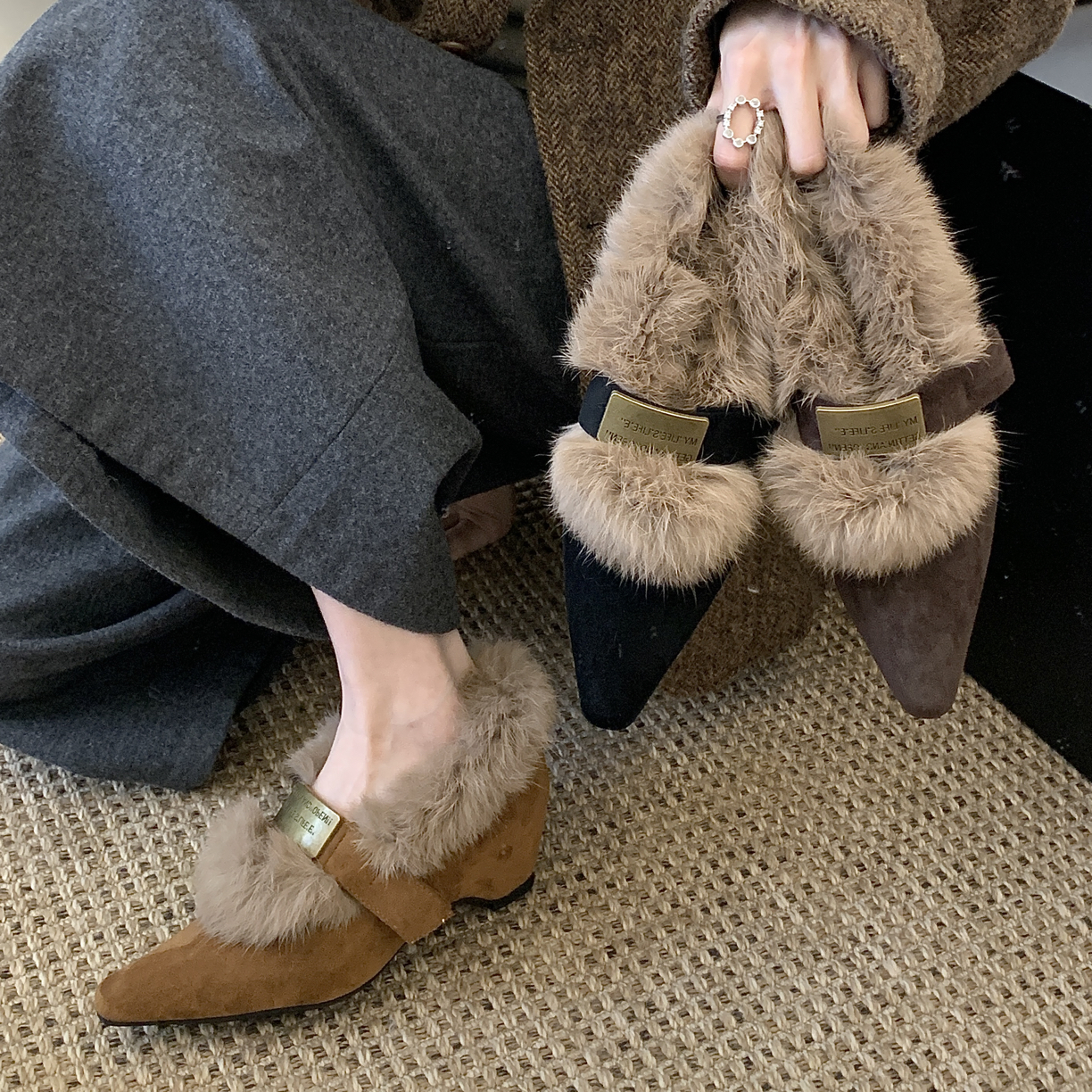 团团家 CK-7 复古一字扣毛绒玛丽珍鞋女秋冬新款休闲单鞋时髦