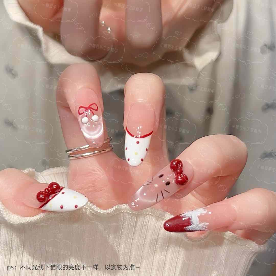 【少女Kitty】手工穿戴甲法式猫眼蝴蝶结设计显白高级感可拆卸美甲