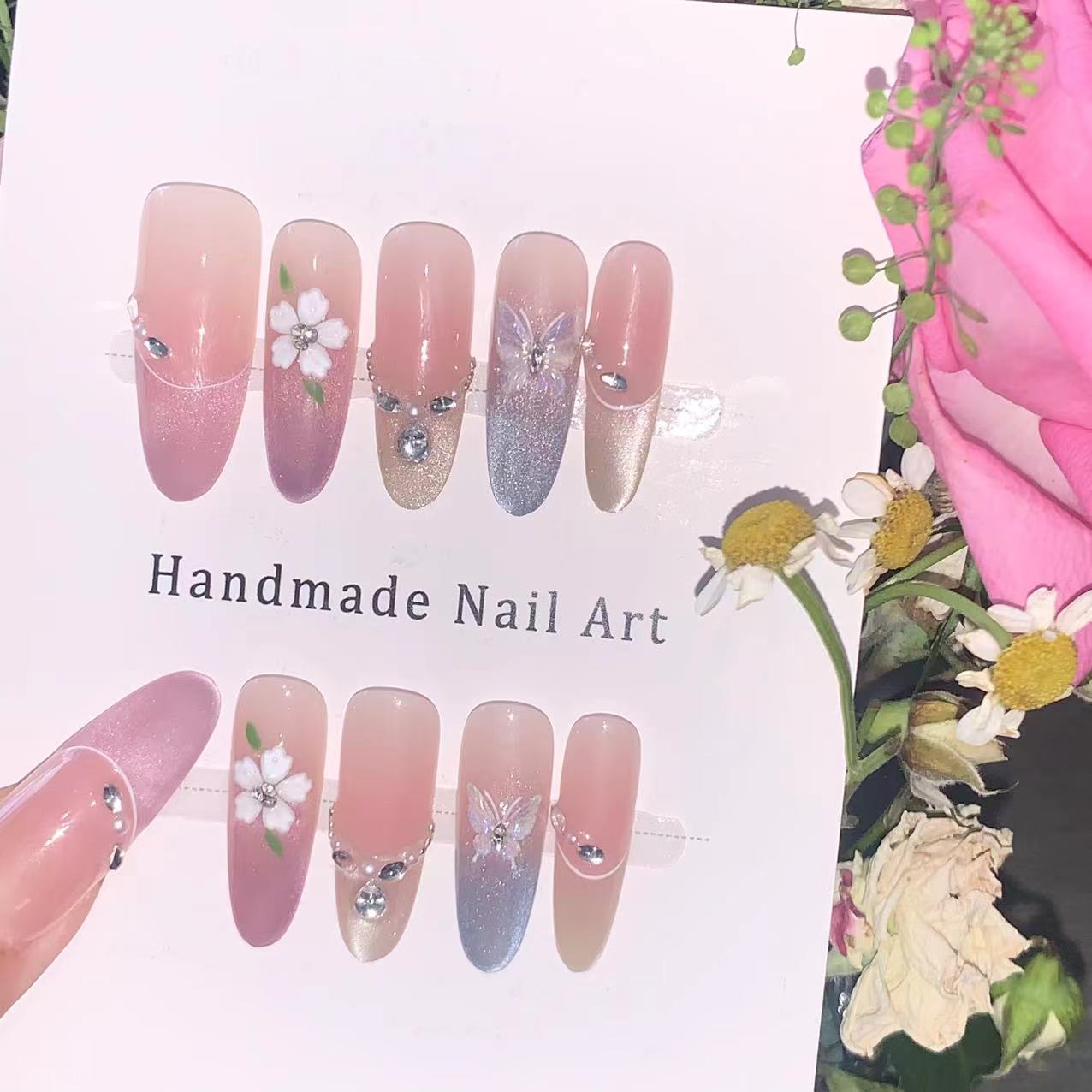 【七彩冰花】灵动蝴蝶栀子花仙气温婉春夏爆款中长款纯手工穿戴甲