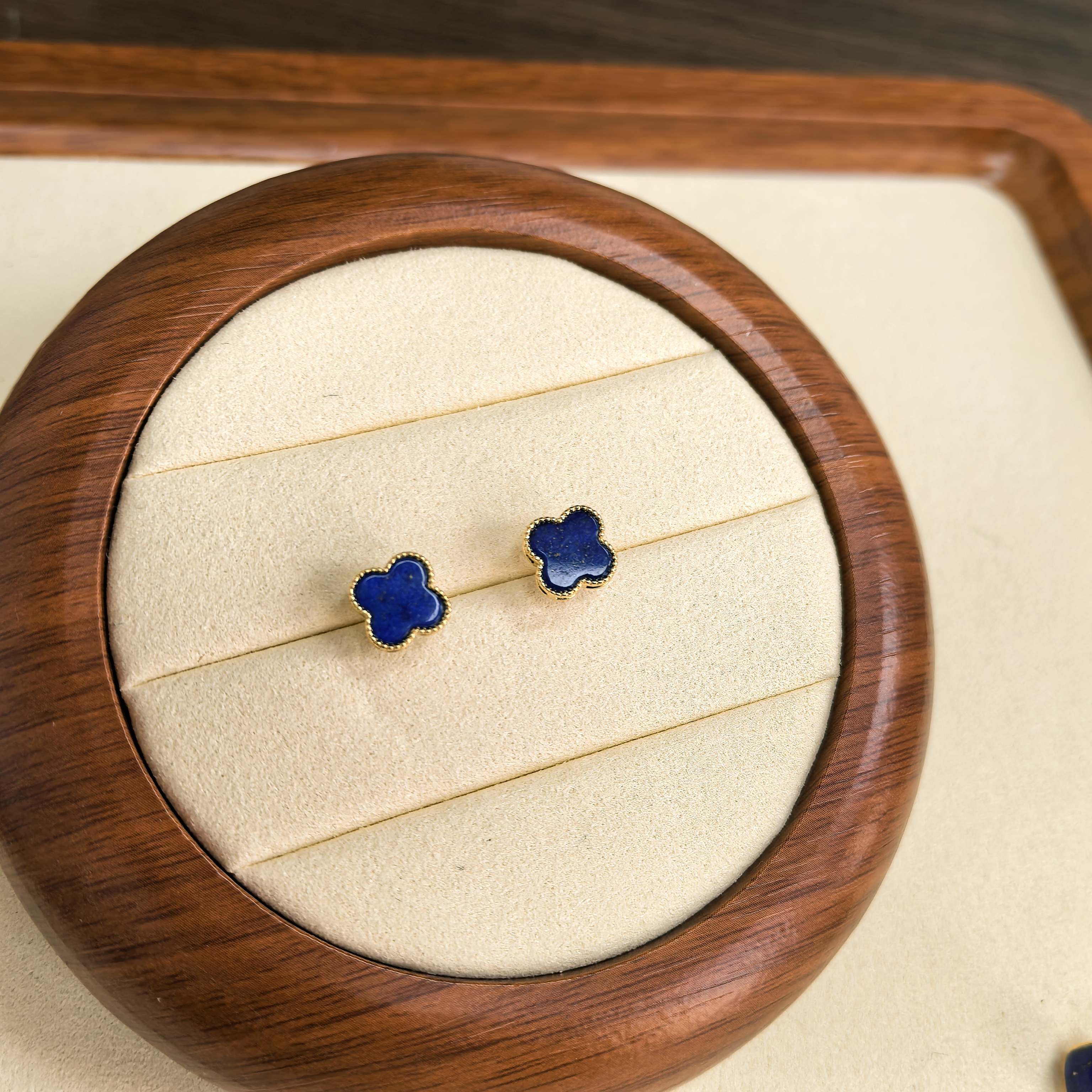 天然四叶草青金石耳钉金色边