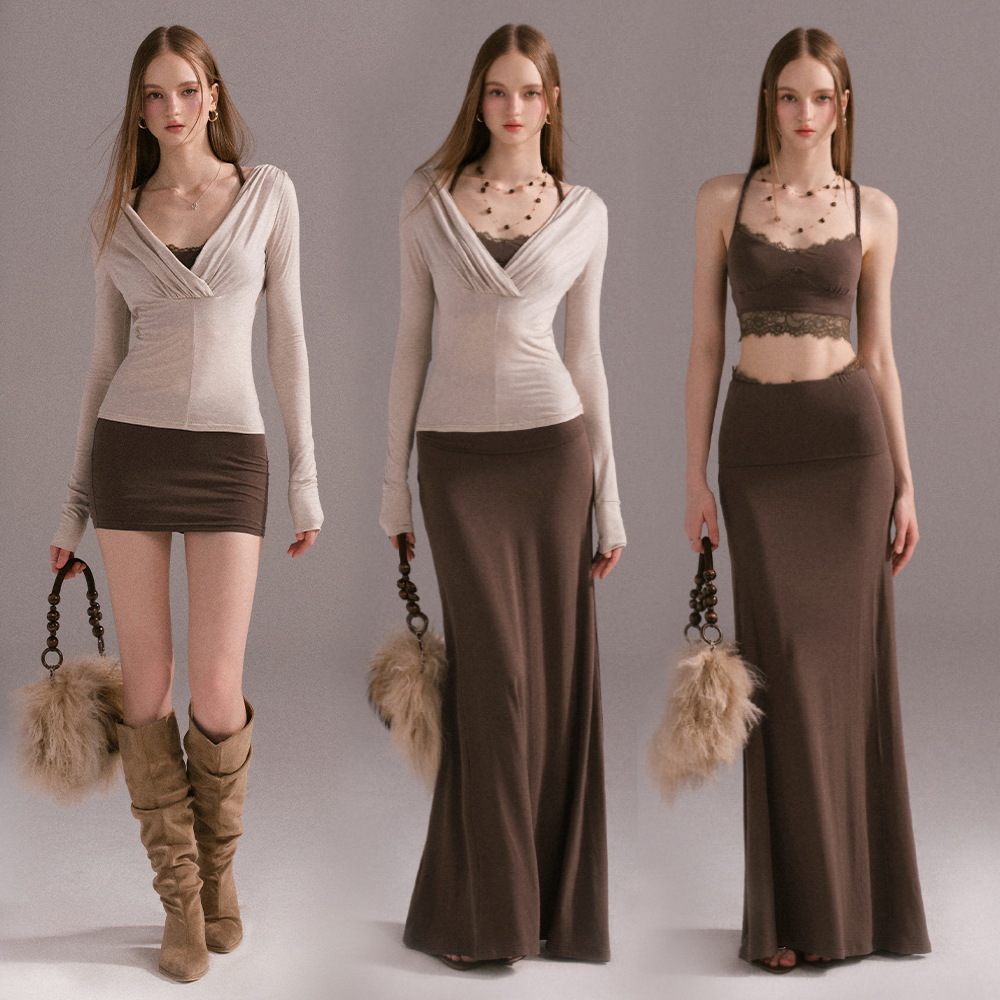 Mess Studio美式辣妹小众设计棕色T恤吊带长半裙时尚百搭