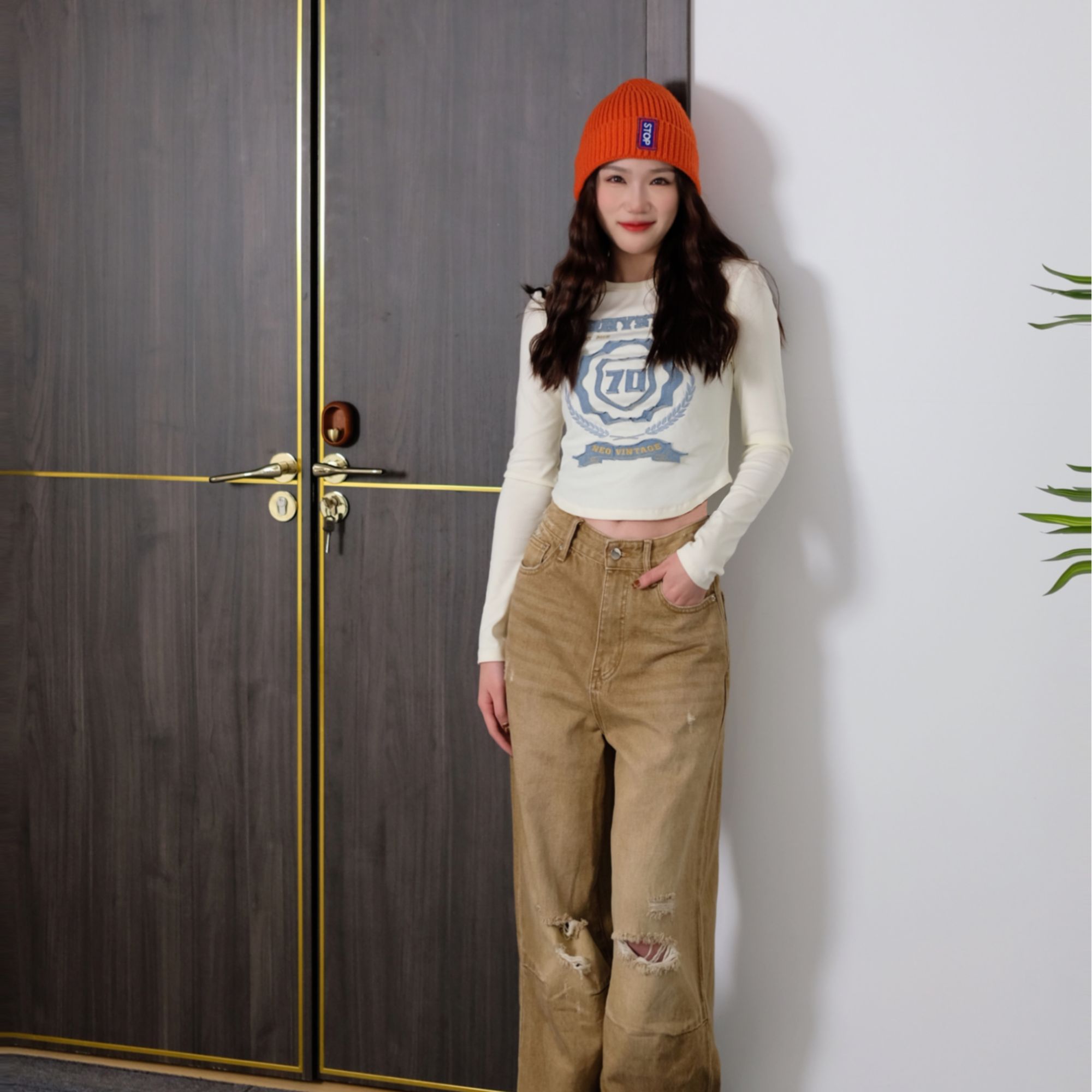 OCKKJ 白色修身长袖体恤 SSUCC080