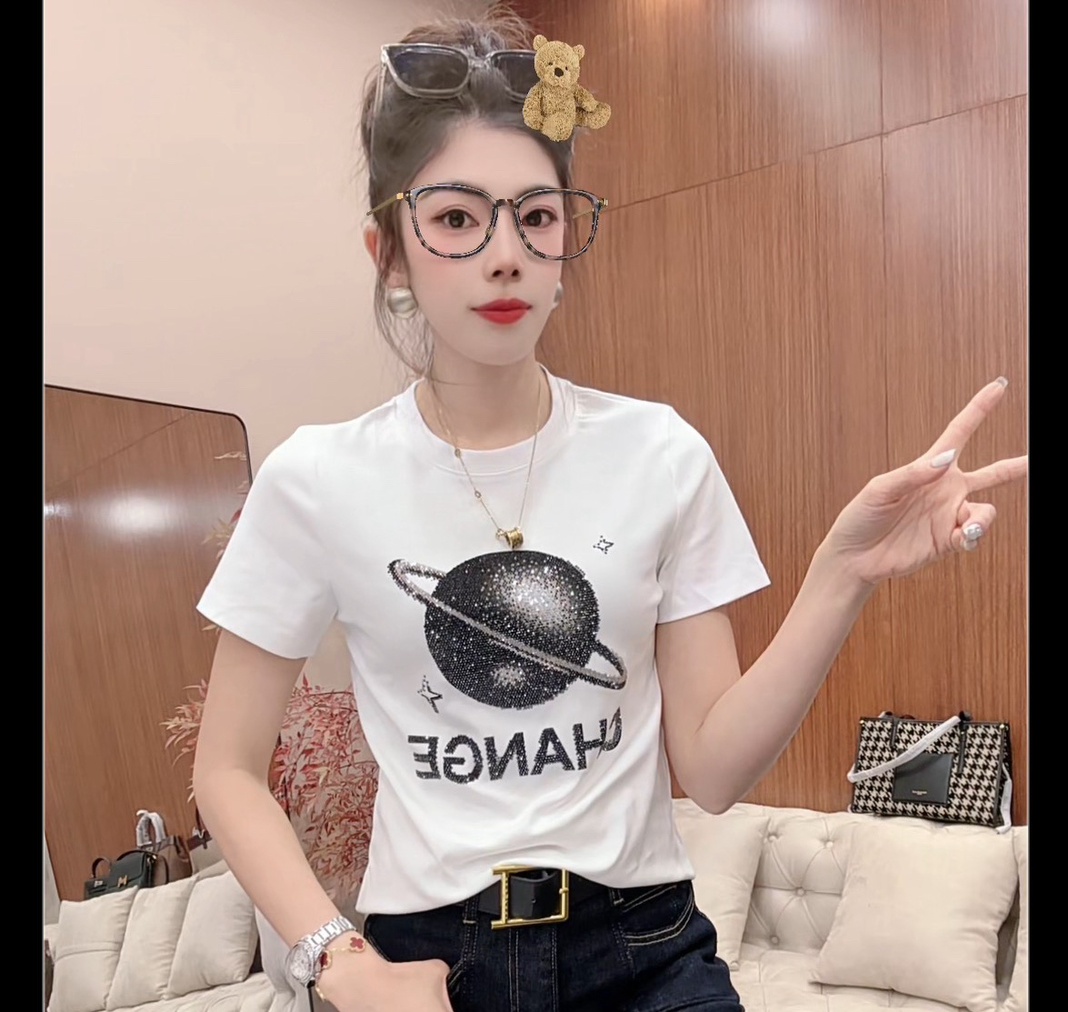 月月家，夏季新款烫钻修身上衣0050