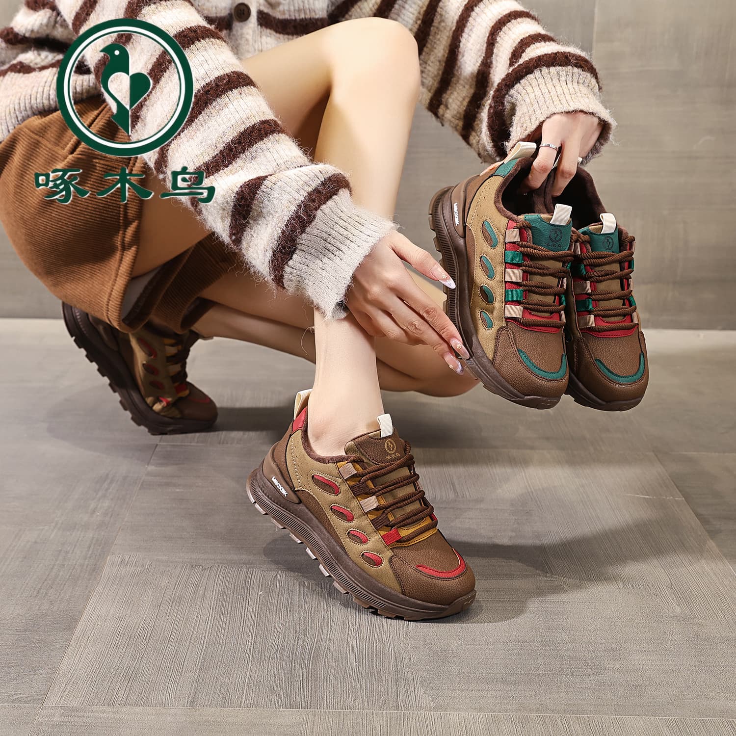 啄木鸟2025冬季老爹鞋透气运动时尚休闲厚底百搭防滑复古休闲鞋