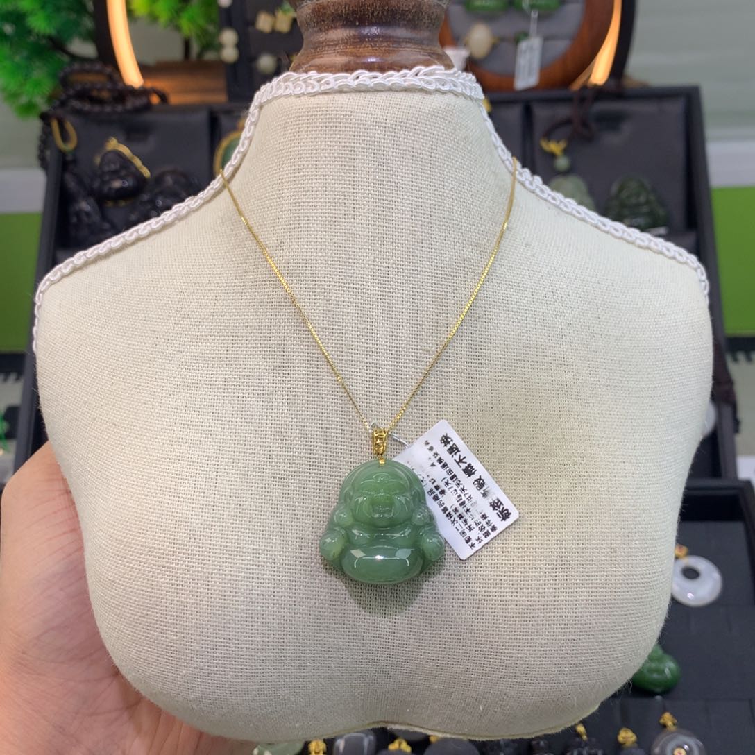 和田玉（碧玉）18K金镶嵌吊坠(赠链)