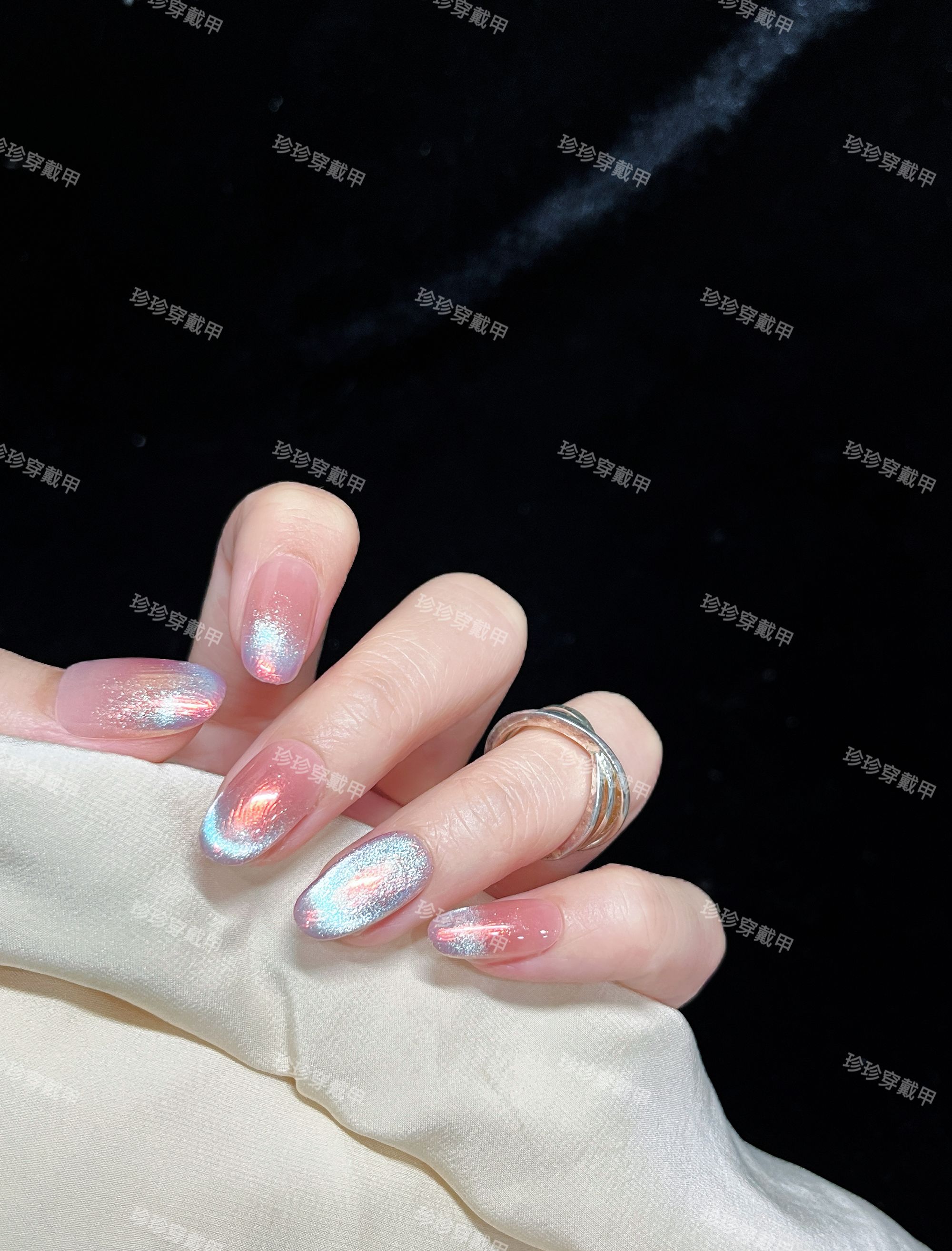 【海岛少女】珍珍手工穿戴甲高级感幻彩极光粉人鱼姬法式猫眼美甲