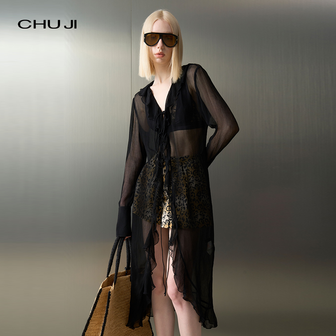 Chuji/出迹中长款微透薄款开衫外套女2025早秋木耳边衬衣E2Z2598L