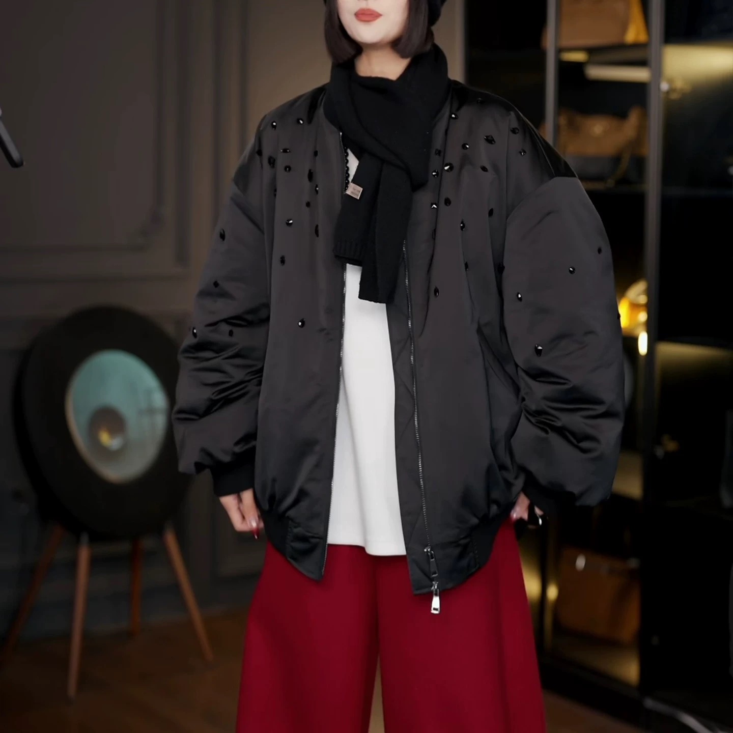 2305#欧货不规则亮钻穿线宽松冬季加厚外套新款潮流
