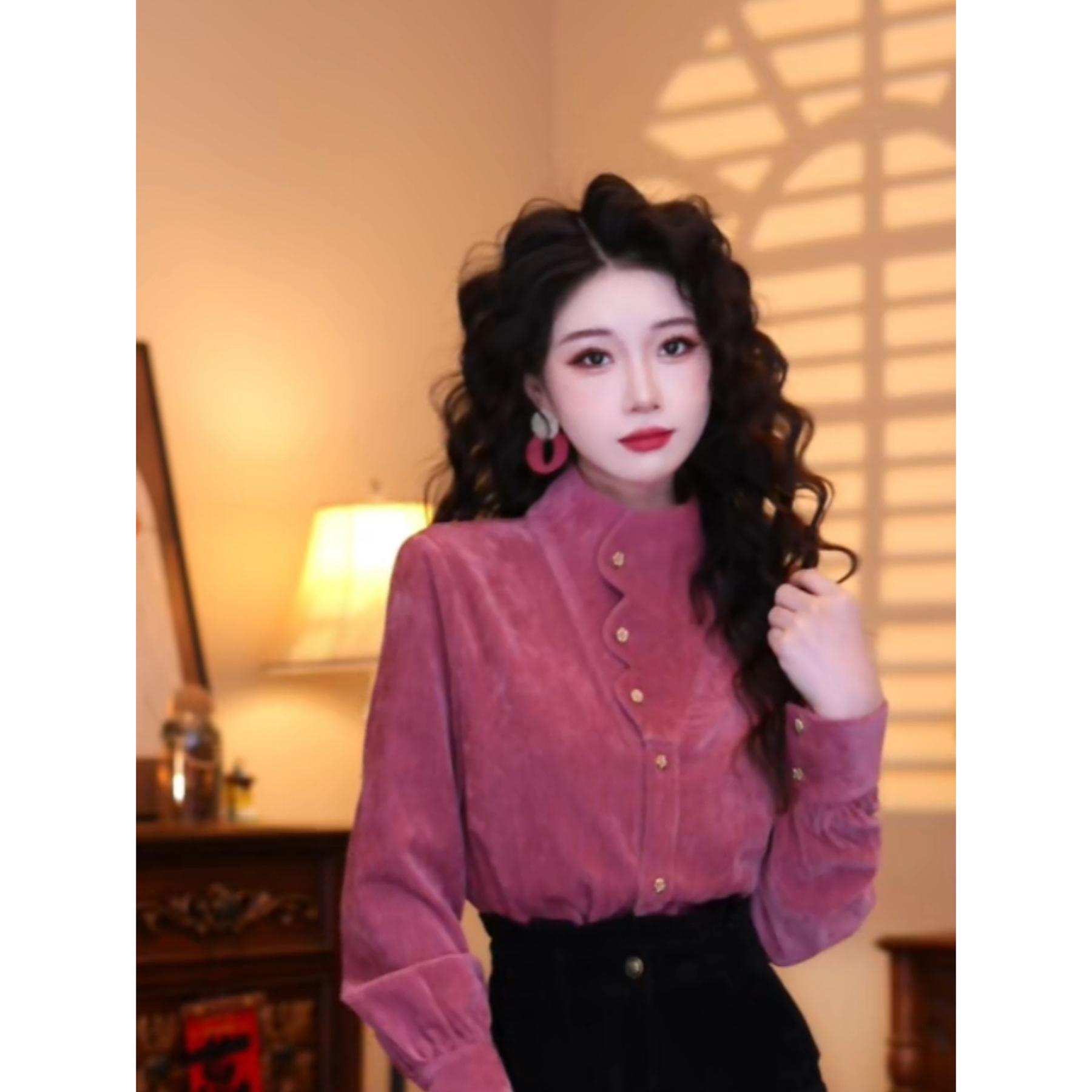 蒋肉肉【云樱粉黛】港味复古气质设计感秋冬长袖上衣03342