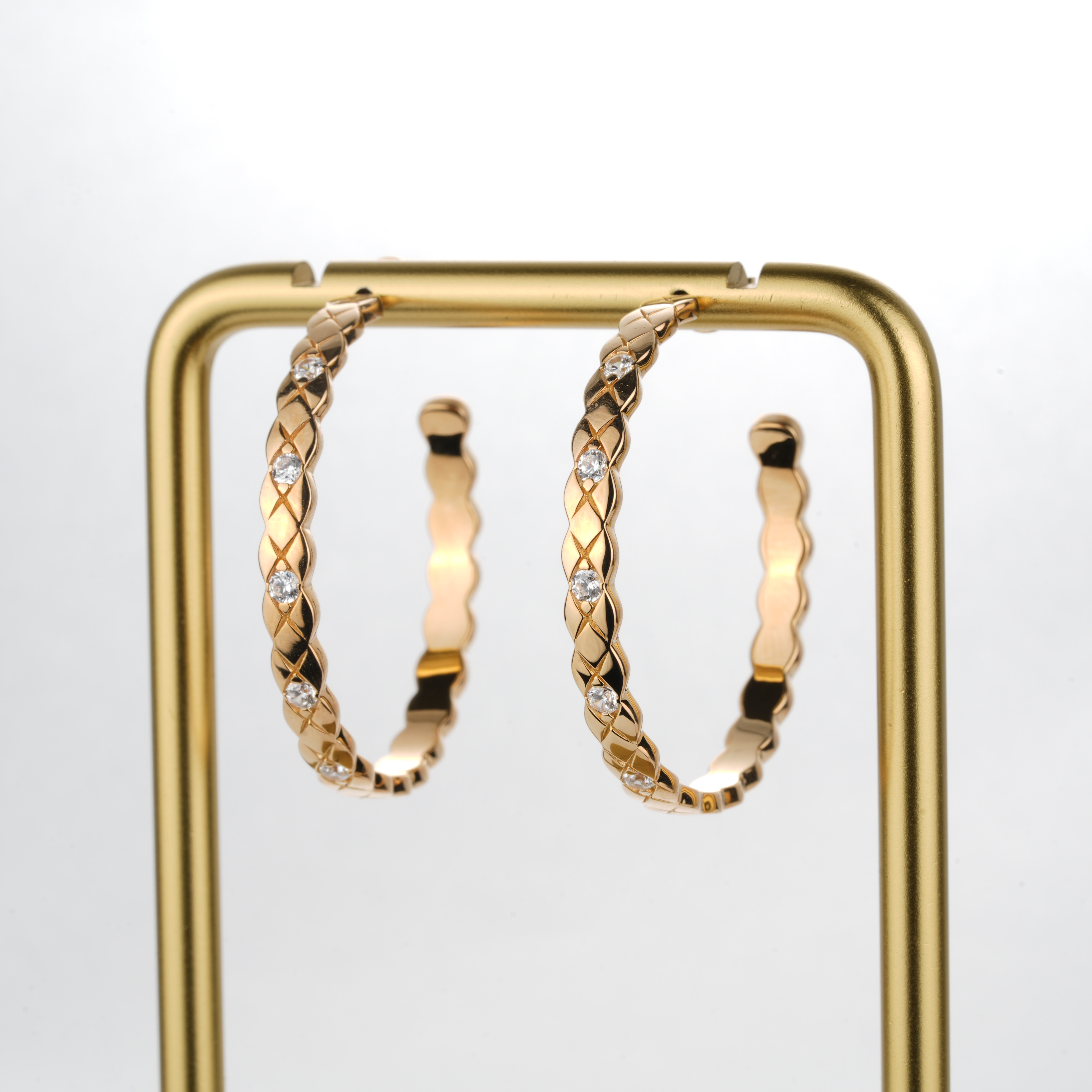 925银合成锆石耳饰 玫金色X字菱格纹百搭大耳环0454