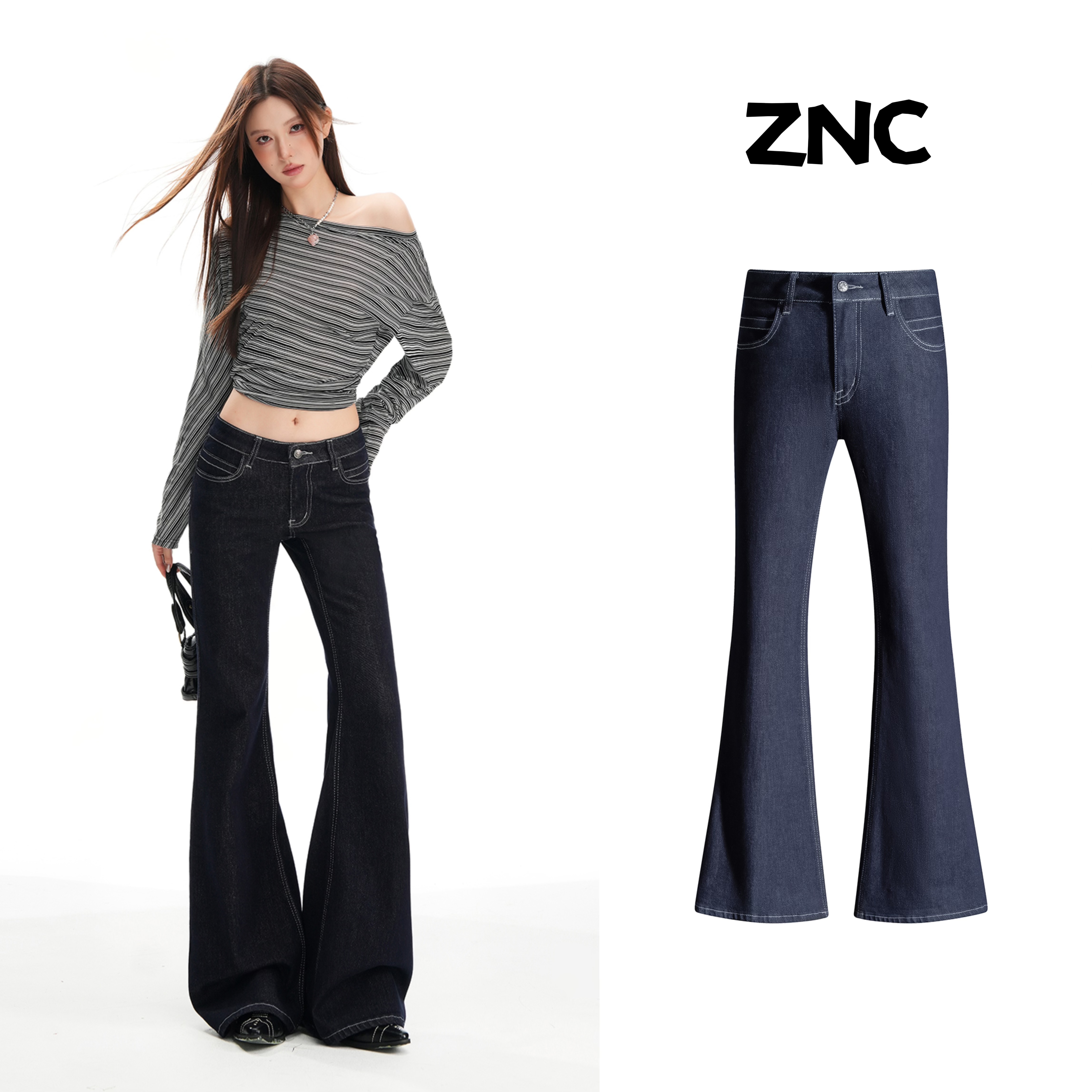 2025秋冬新款深蓝色微喇裤女防褪色弹力面料低腰不贴腿牛仔裤