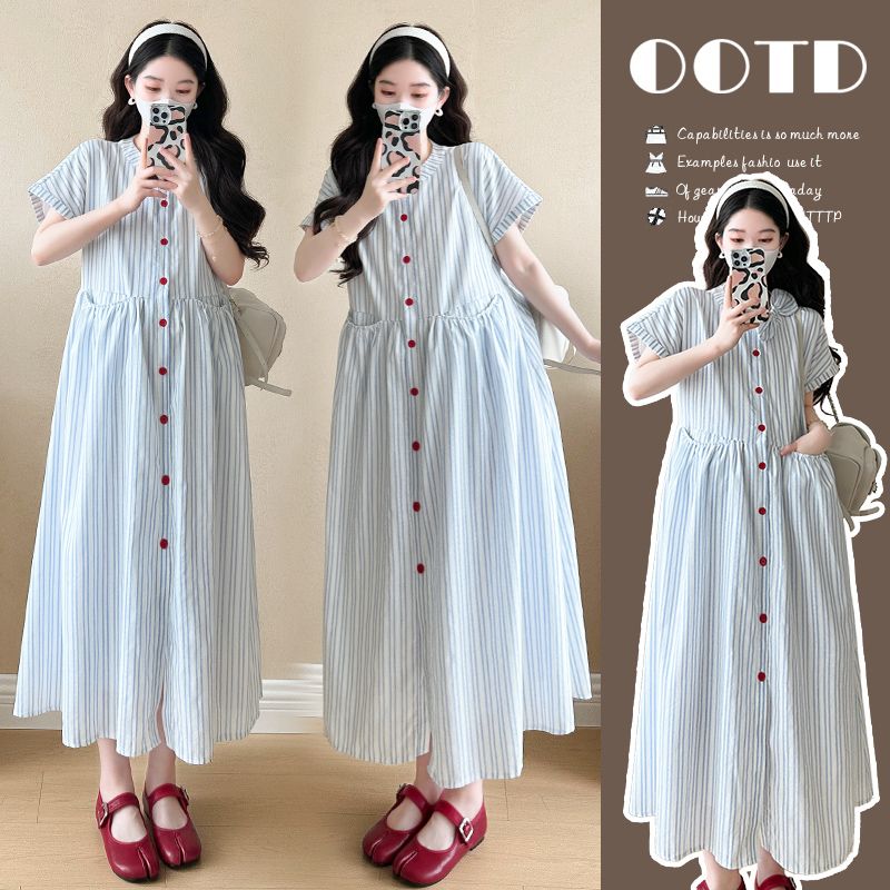 【晚媛若】2025夏季新款孕妇韩版时尚蓝白条纹蝴蝶结宽松短袖连衣裙