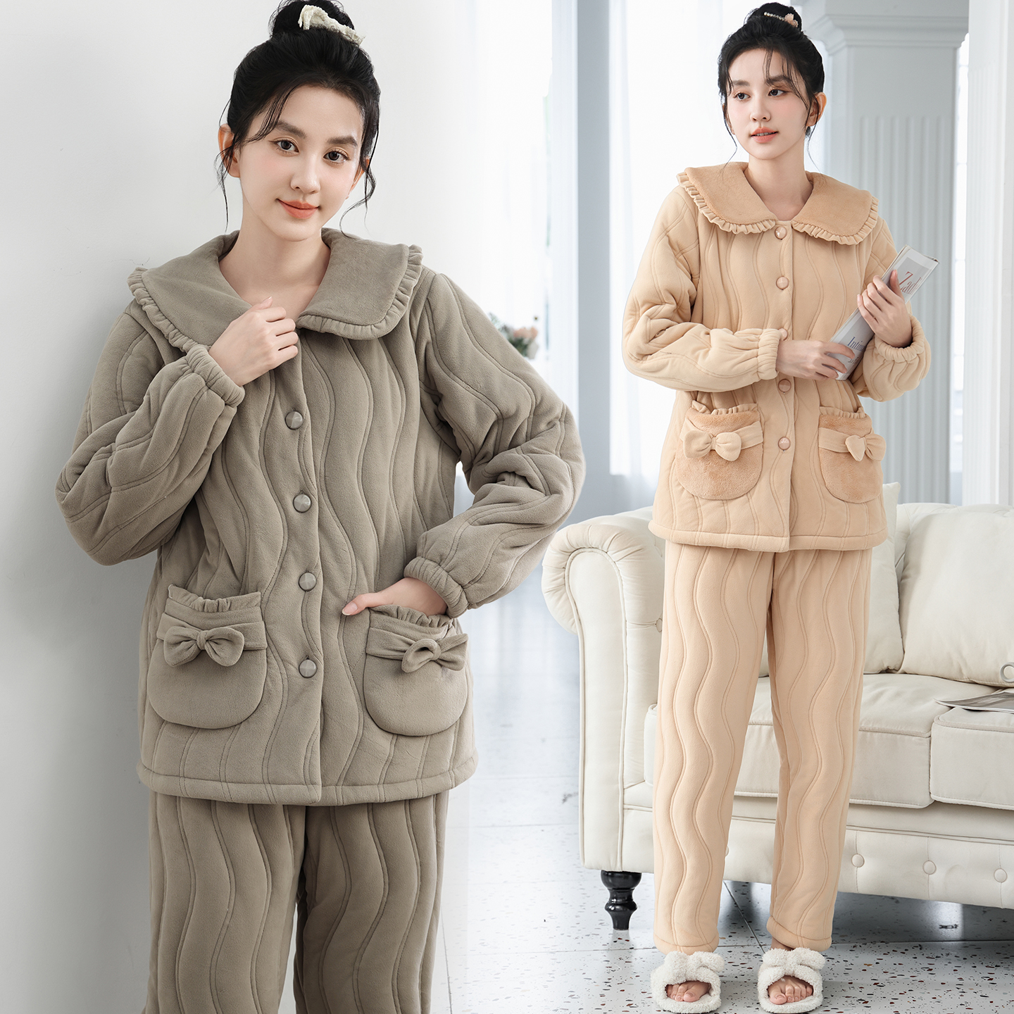 冰岛绒睡衣家居服女冬季三层夹棉加绒加厚保暖加绒居家服可外穿