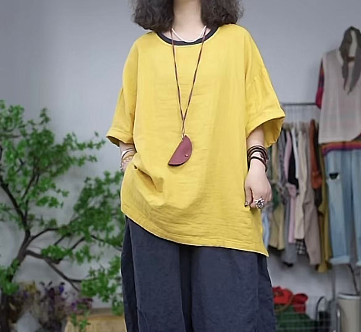 【若汐女装】欧版宽松大版休闲百搭设计款双纱棉麻拼色宽松女装6068