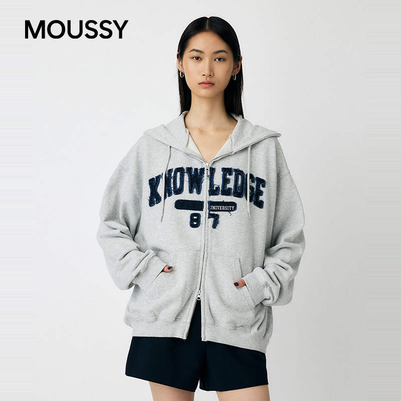 MOUSSY 2025秋季休闲磨毛字母双头拉链连帽卫衣010I90-2621